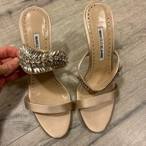 Manolo Blahnik Champagne Satin Crystal-Embellished Heeled Slides